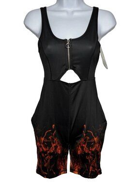 Horoscopez Dolls Kill Blazing Glory Cutout Romper Sz XS Black Flames Biker Short